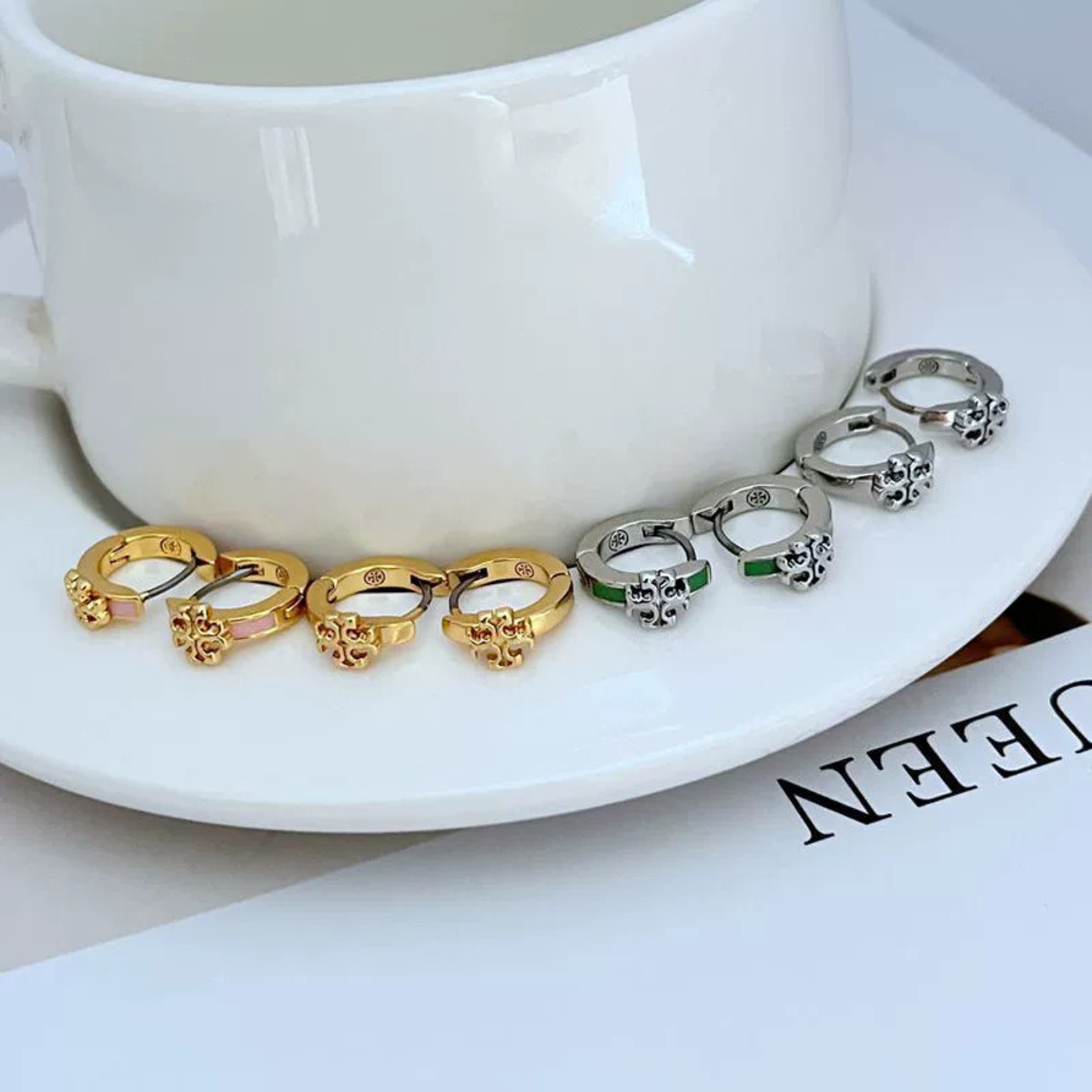 Tory Burch Enamel Geometric Letter Hoop Metal Earrings